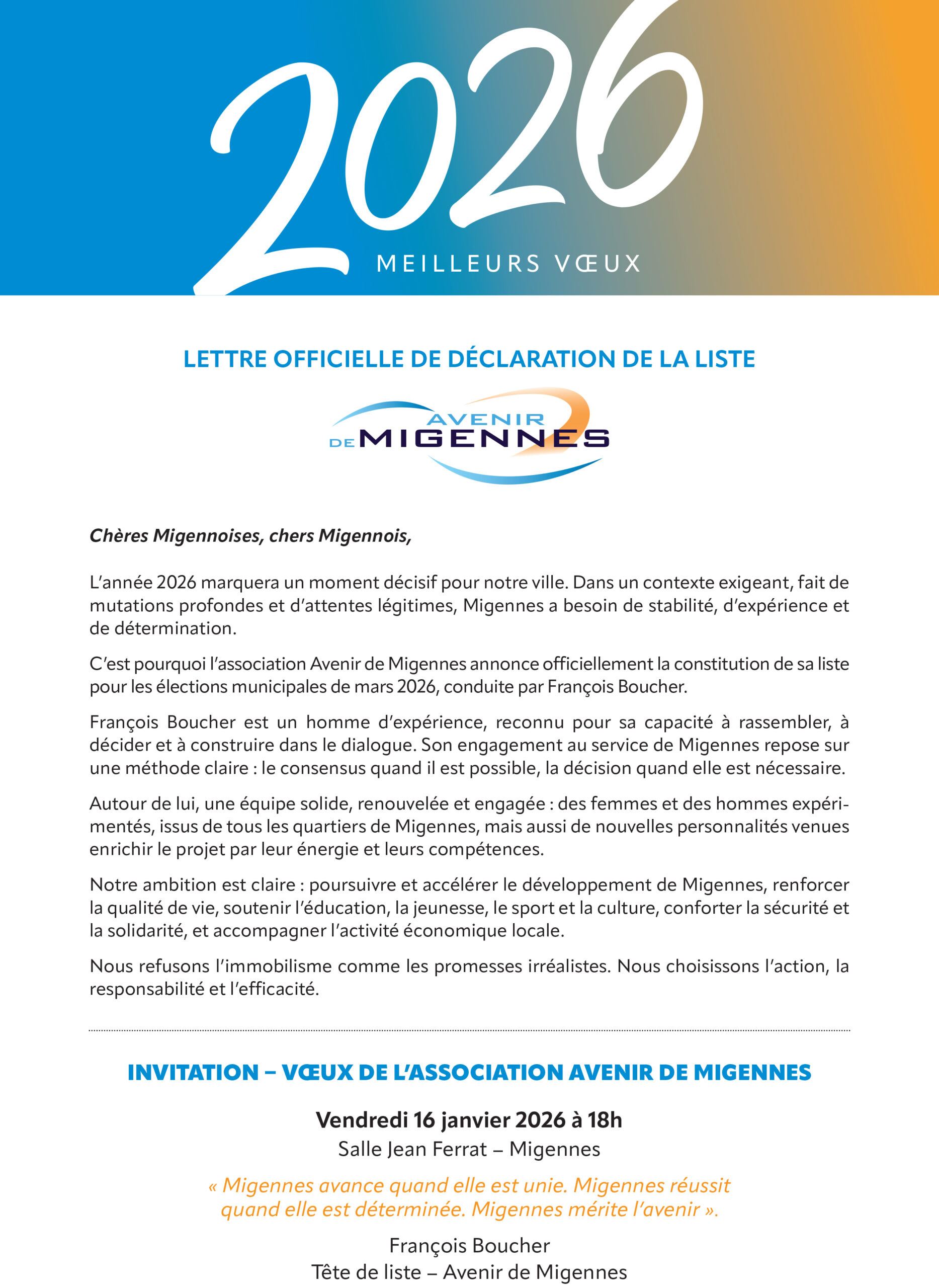 Lettre de vœux Avenir de Migennes 2026